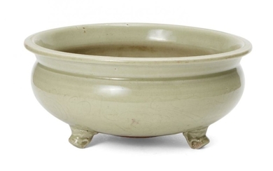 A Chinese grey stoneware celadon Longquan censer,...