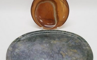 Chinese Oval Jade Tray & Round Agate Dish