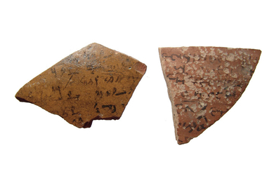 2 Egyptian pottery ostraca fragments, Demotic script