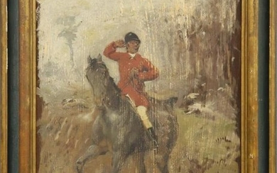 French Oil on Panel of a Fox Hunter