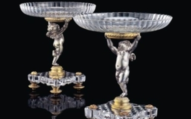 A PAIR OF FRENCH ORMOLU, SILVERED-BRONZE AND CUT-CRYSTAL TAZZE, BY BACCARAT, PARIS, LATE 19TH CENTURY