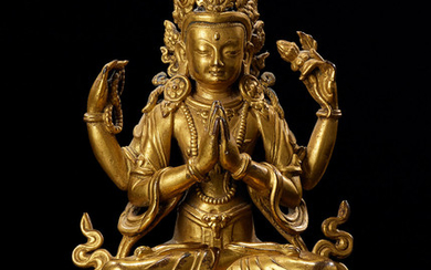 A gilt-bronze figure of Avalokiteshvara Chaturbhuja