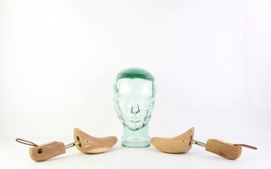 Glass Mannequin Head Together with A Pair of Shoe Lasts