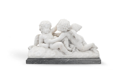 An Italian late 19th century carved marble group of two frolicking cherubs