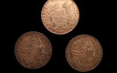 *J Trois pièces en or de 20 FF Cérès 1850…