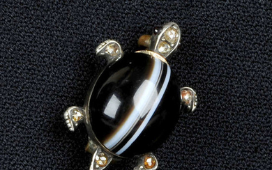 A late Victorian silver and gold, banded agate and rose-cut diamond turtle brooch.