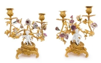 A Pair of Louis XV Style Porcelain Mounted Gilt Bronze Two-Light Candelabra