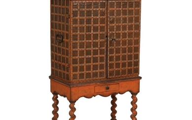 A North German oakwood cupboard with wrought iron bands. Schleswig-Holstein, ca. 1700. H. 150 cm. W. 80 cm. D. 44 cm.