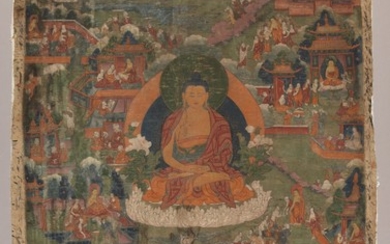 A PAINTING OF BUDDHA SHAKYAMUNI AMONG CLASSIC TEACHING STORIES (AVADANA), TIBET, 19TH CENTURY
