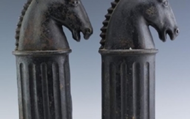 PR Art Deco Cast Iron Horse Topped Column Andirons