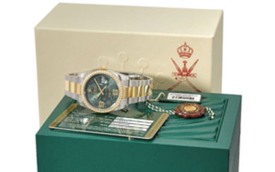 ROLEX. A FINE 18K GOLD, STAINLESS STEEL AND DIAMOND-SET AUTOMATIC WRISTWATCH WITH GREEN FLORAL DIAL, ENGRAVED CASE BACK, SWEEP CENTRE SECONDS, DATE, INTERNATIONAL GUARANTEE AND BRACELET, MADE FOR THE SULTANATE OF OMAN, SIGNED ROLEX, OYSTER PERPETUAL,...