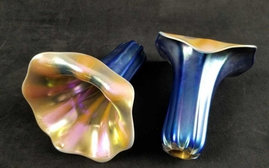 Set of 2 Blue Aurene Carnival Glass Lily Shape Lamp