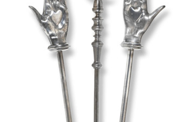 A set of three Victorian pewter and Britannia Metal Friendly Society poles or maces, circa 1840