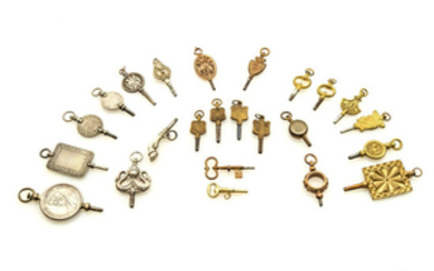 A SET OF WATCH KEYS 8 silver keys and 16 gold plated keys. Made in the 19th century. A key with horse leg shape. A key with compass.