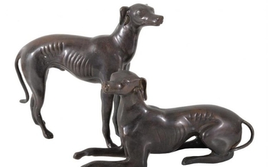 Two patinated metal models of whippets
