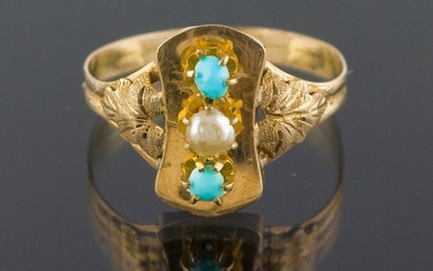 Authentic Antique - 18 kt. Yellow gold - Ring Turquoise - Pearl