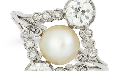 NATURAL SALTWATER PEARL AND DIAMOND RING set with a