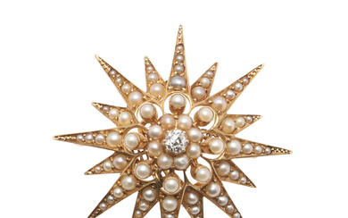 3298923. A VICTORIAN DIAMOND AND PEARL STAR BROOCH.