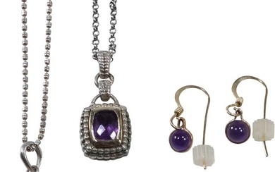 [4] .925 Sterling and 14K GOLD Purple Amethyst Pendant; 10K Purple Amethyst Hanging Pierced Earrings