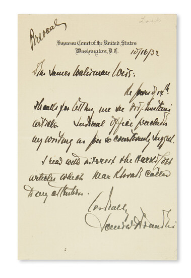 BRANDEIS, LOUIS D. Autograph Letter Signed, to James W. Weis, thanking for articles...