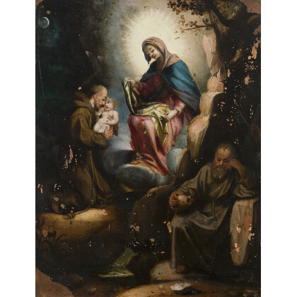 17th Century School Madonna with Child in glory, Saint Francis of Assisi and Saint Antony of Padua Oil on copper...