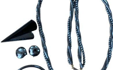 4x hématide, long collier, bracelet, paire de clips d'oreilles, grande broche, chaîne L-84 cm, bracelet...