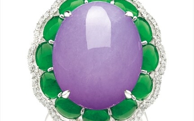 A Lavender Jadeite Cabochon, Jadeite and Diamond Ring