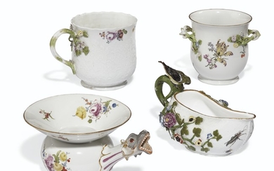 FOUR MEISSEN PORCELAIN TABLEWARES, CIRCA 1750-70, BLUE CROSSED SWORDS MARKS TO MOST, THE SPITTOON WITH DOT MARK