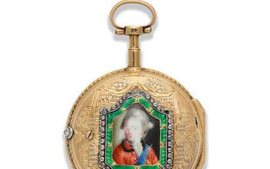 Lepine. A continental gold key wind open face pocket watch with painted enamel portrait to reverse