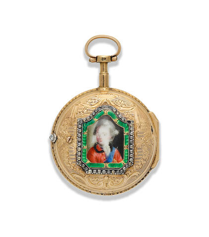 Lepine. A continental gold key wind open face pocket watch with painted enamel portrait to reverse
