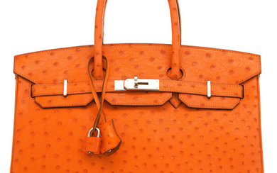 Hermès 35cm Tangerine Ostrich Birkin Bag with Palladium Hardware...