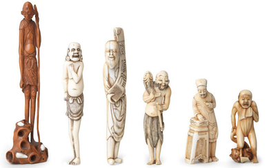 Five ivory figure netsuke and a wood okimono
