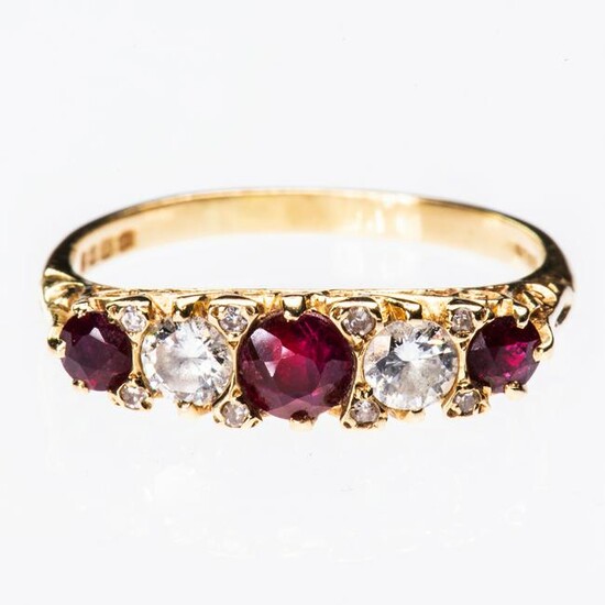 A VICTORIAN 18CT YELLOW GOLD RUBY AND DIAMOND RING, the