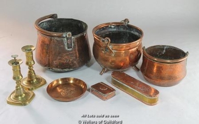 Copper wares comprising three circular vessels with swing handles, rectangular box with rounded ends incised lid, snnuff...