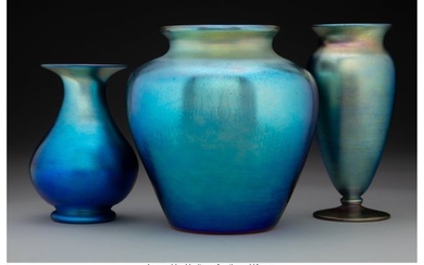 79323: Three Durand Blue Iridescent Glass Vases, circa