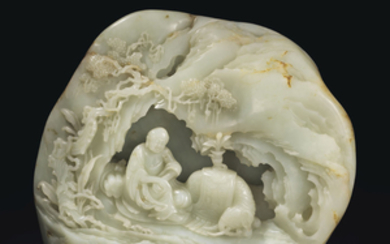 A LARGE AND FINELY CARVED WHITE JADE ''LUOHAN'' BOULDER, CHINA, QING DYNASTY, QIANLONG PERIOD (1736-1795)