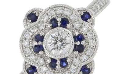 8ct gold diamond & sapphire dress ring, with diamond shoulders
