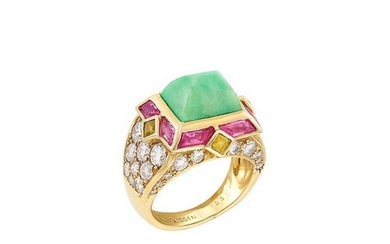 Gold, Jade, Cabochon Pink Tourmaline and Citrine and Diamond Ring, Mauboussin, France