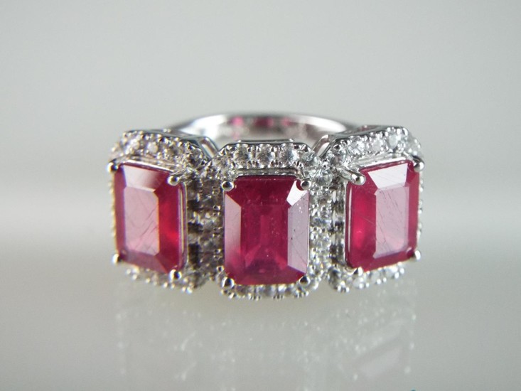 9ct White Gold ring set with three African Rubies & White Sa...