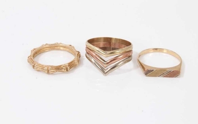 9ct gold bamboo ring, 9ct three colour gold triple band ring and one other 9ct gold ring (3)