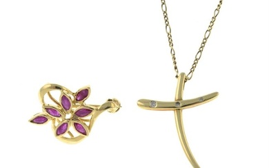 9ct gold ruby brooch & 9ct gold diamond cross pendant, with chain