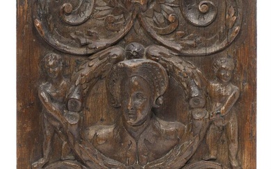 A 16th century wooden panel carved with lady and two putti and...