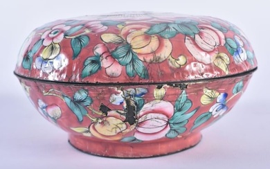A 19TH CENTURY CHINESE CANTON ENAMEL CIRCULAR BOX AND COVER Qing, painted with flowers. 11cm diamete