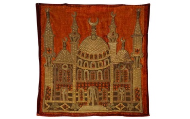 A 19TH CENTURY OTTOMAN TURKISH SILVER THREAD EMBROIDERED VELVET CUSHION COVER