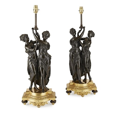 A 19TH CENTURY PAIR OF FRENCH GILT AND PATINATED BRONZE FIGU...