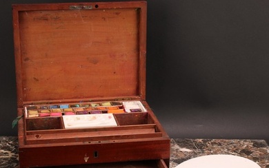 A 19th century mahogany artist's box, hinged cover enclosing...