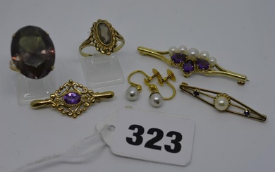 A 9 ct gold amethyst and pearl bar brooch,...