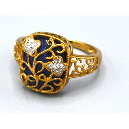A 9ct. Gold Ring set with small diamonds and lapis lazuli wi...