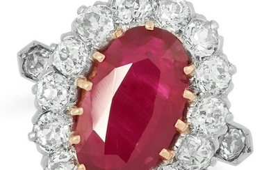 A BURMA NO HEAT RUBY AND DIAMOND RING set with an oval