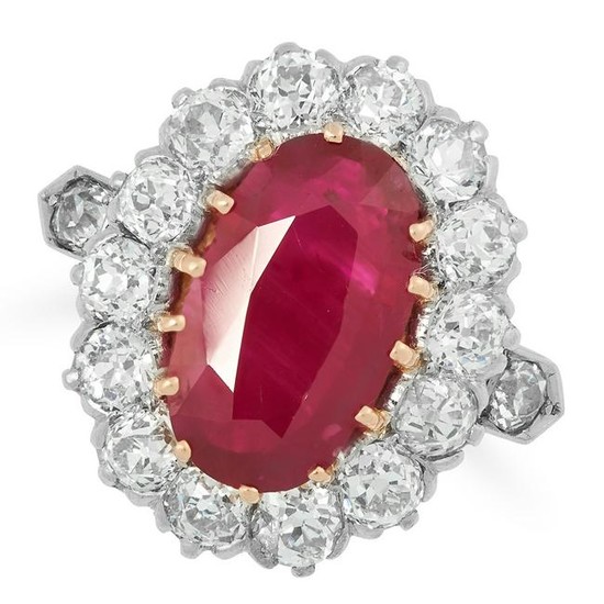 A BURMA NO HEAT RUBY AND DIAMOND RING set with an oval